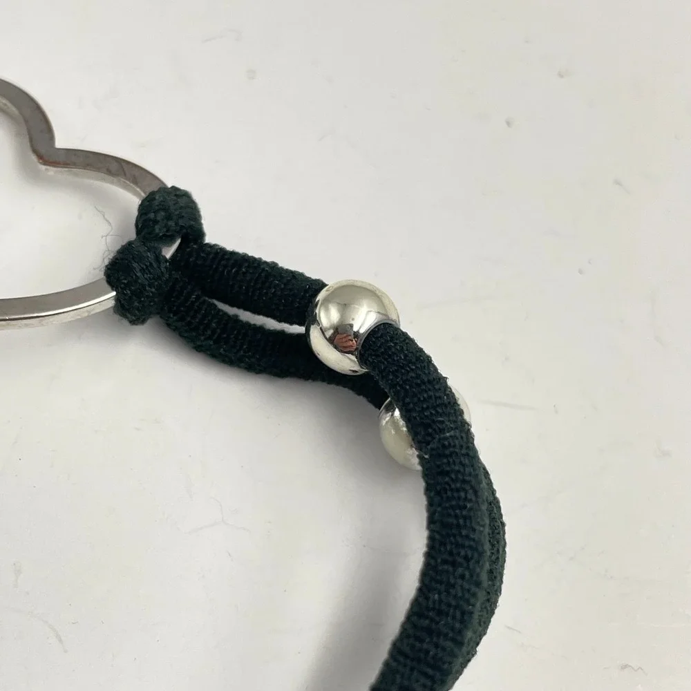 Vintage 90s Heart Charm Bracelet Black Cord Silver Tone Beads Boho Minimalist
